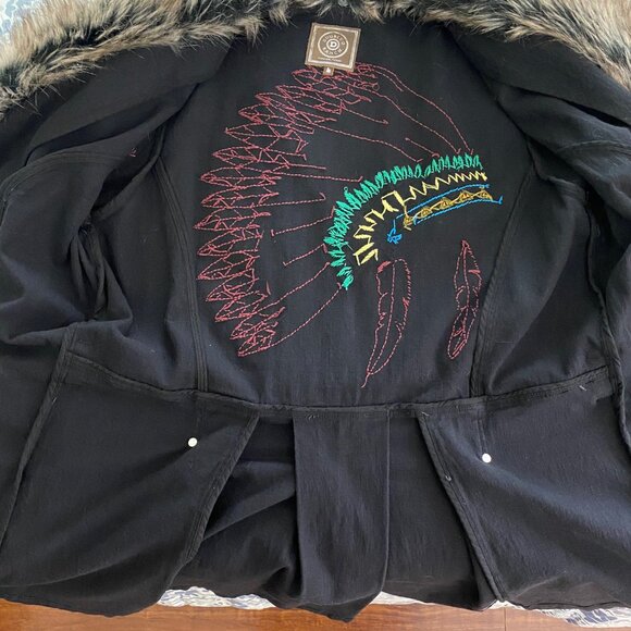 Double D Ranch Long Denim Jacket Embroidered Native American Faux Fur Trim L - Picture 8 of 12